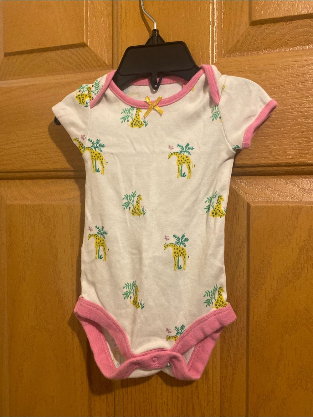 Baby Boden White Onesie with Yellow Giraffe Print and Pink Trim